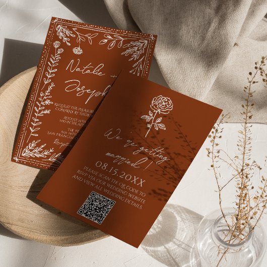 Floral Burnt Orange Terracotta QR Code Wedding Einladung