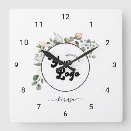 Floral Business Company Custom Logo & Name Girly Quadratische Wanduhr