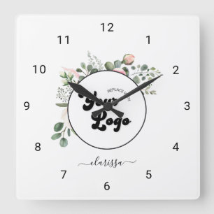 Floral Business Company Custom Logo & Name Girly Quadratische Wanduhr