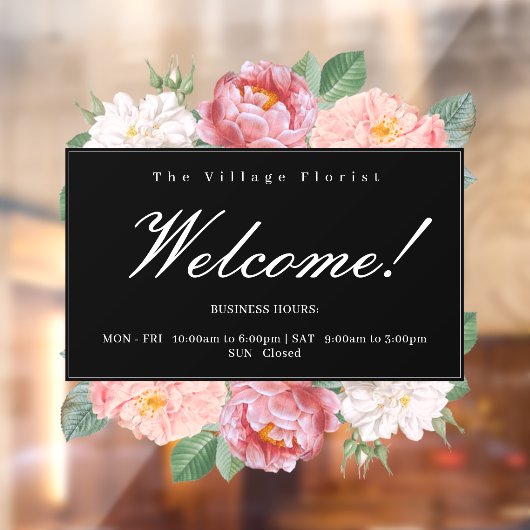 Floral Business Openings Stunden Willkommen Schwar Fensteraufkleber (Blatt 2)