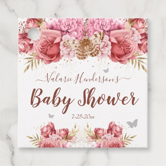 Floral Butterfliegen Pink Baby Dusche Geschenkanhänger (Vorderseite)