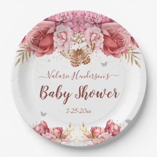 Floral Butterfliegen Pink Baby Dusche Pappteller (Vorderseite)