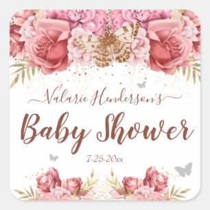 Floral Butterfliegen Pink Baby Dusche Quadratischer Aufkleber