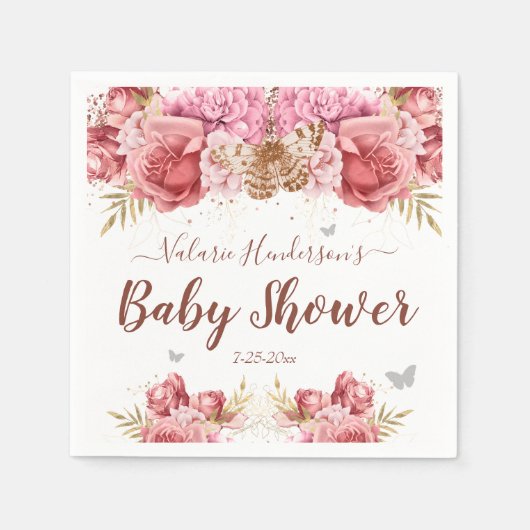 Floral Butterfliegen Pink Baby Dusche Serviette (Vorderseite)