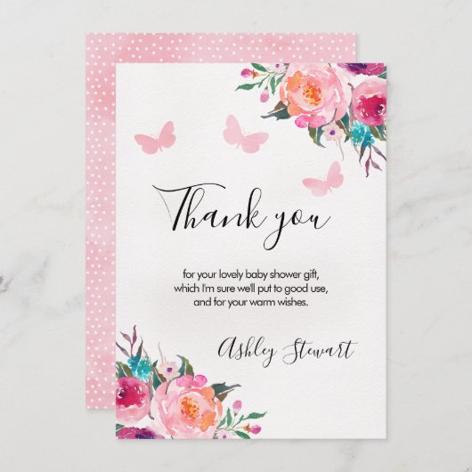 Floral Butterflies Babydusche Danke Kartenmädchen Einladung (Vorne/Hinten)