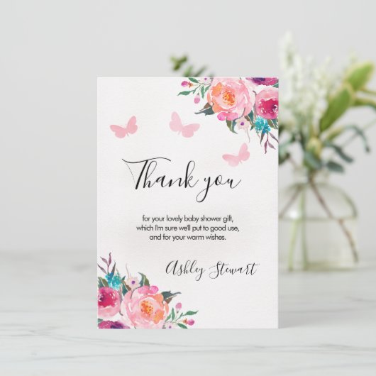 Floral Butterflies Babydusche Danke Kartenmädchen Einladung (Stehend Vorderseite)