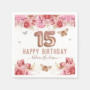 Floral Butterflies Pink Happy 15. Geburtstag Napki Serviette