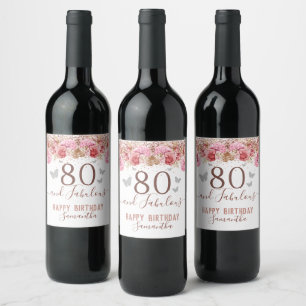 Floral Butterflies Pink Happy 80. Geburtstag Weinetikett