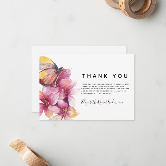 Floral Butterfly Beileid Beerdigung Danke Mitteilungskarte (Vorderseite/Rückseite Beispiel)