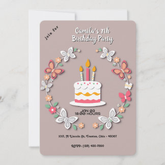 Floral Butterfly Birthday Cake Papercraft Soft BG Einladung