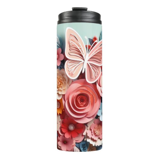 Floral & Butterfly - blau - schlanker, thermischer Thermosbecher (Vorderseite)