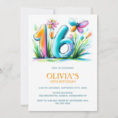 Floral Butterfly Blue Orange 16th Birthday Party Einladung (Vorderseite)