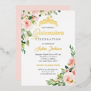 Floral Butterfly Blush Pink Gold Quinceanera Folieneinladung
