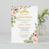 Floral Butterfly Blush Pink Gold Quinceanera Folieneinladung (Stehend vorne)