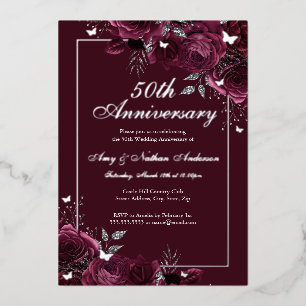 Floral Butterfly Burgund 50. Hochzeitstag Folieneinladung