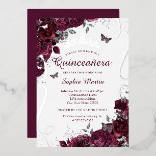 Floral Butterfly Elegant Burgundy Quinceanera Folieneinladung