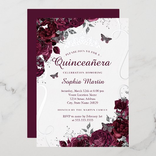 Floral Butterfly Elegant Burgundy Quinceanera Folieneinladung (Vorderseite/Rückseite)