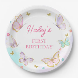 Floral Butterfly Girl Geburtstagspapier Platin Pappteller