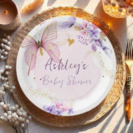 Floral Butterfly Pink Garden Girl Babydusche Pappteller