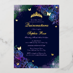 Floral Butterfly Rainbow Gold Quinceanera Folieneinladung
