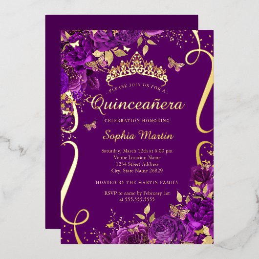 Floral Butterfly Scroll Lila Quinceanera Folieneinladung (Vorderseite/Rückseite)