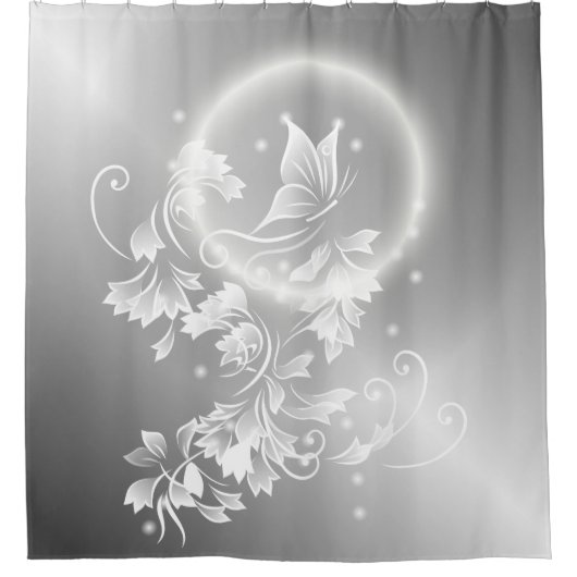 Floral Butterfly Silver White Fantasy Duschvorhang (Vorderseite)