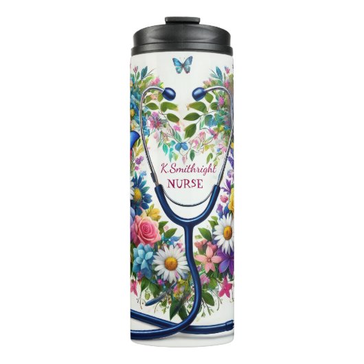 Floral Butterfly Stethoscope Nurse Heart Thermosbecher (Vorderseite)