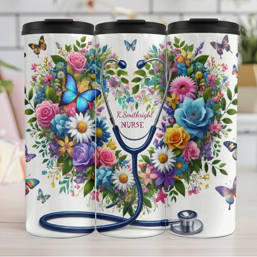 Floral Butterfly Stethoscope Nurse Heart Thermosbecher