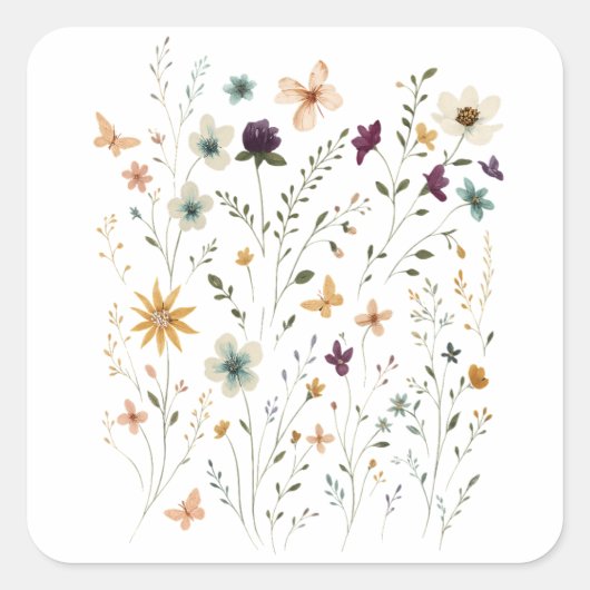 Floral & Butterfly, Whimsical Garden-Inspired Quadratischer Aufkleber (Vorderseite)