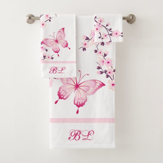 Floral Butterfly White Hot Pink Monogram Badhandtuch Set (Insitu)