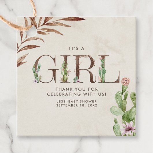 Floral Cactus Leather Girl Baby Shower Geschenkanhänger (Vorderseite)