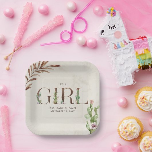 Floral Cactus Leather Girl Baby Shower Pappteller (Party)