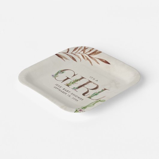 Floral Cactus Leather Girl Baby Shower Pappteller (Gewinkelt)