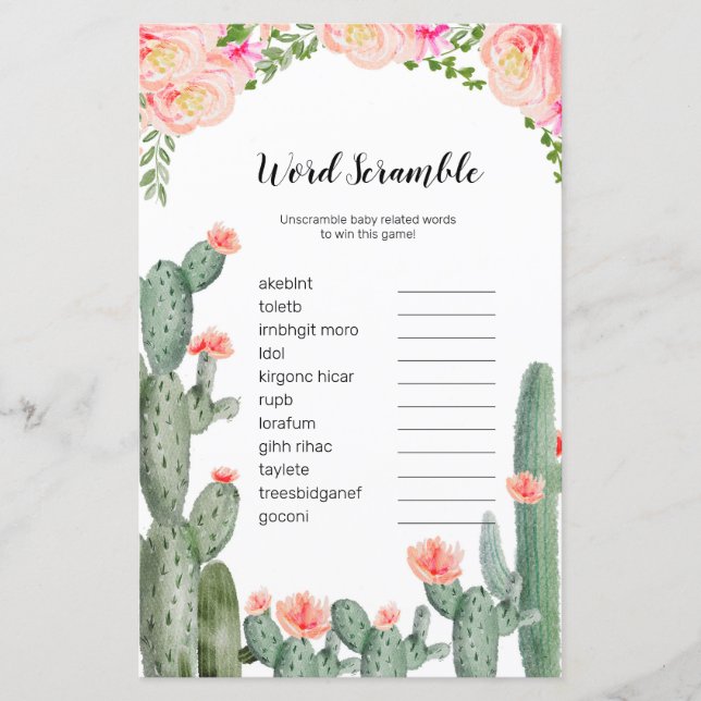 Floral Cactus Watercolor Word Scramble Game (Vorderseite)