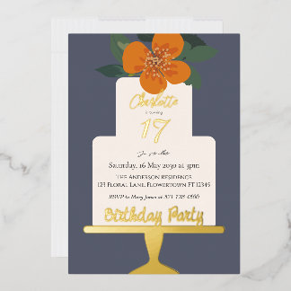 Floral Cake Birthday Party Gold Folieneinladung