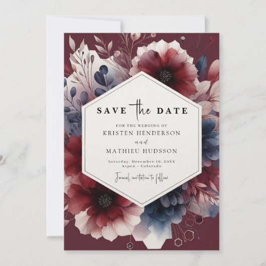 Floral Calligraphy Burgundy Wedding Save The Date (Vorderseite)