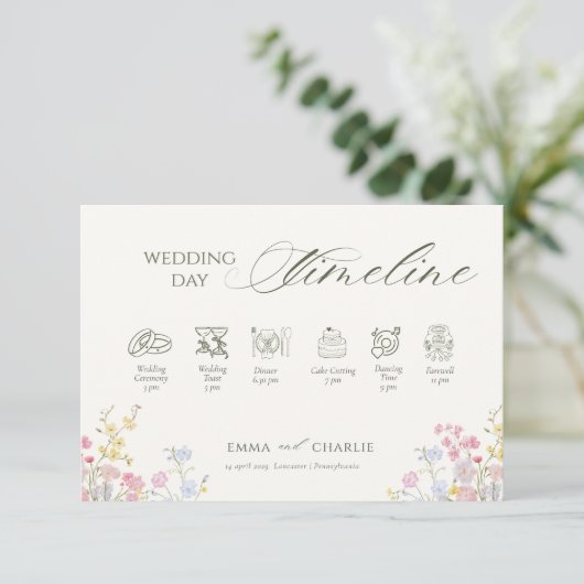 Floral Calligraphy  Wedding Day Timeline Begleitkarte (Stehend Vorderseite)