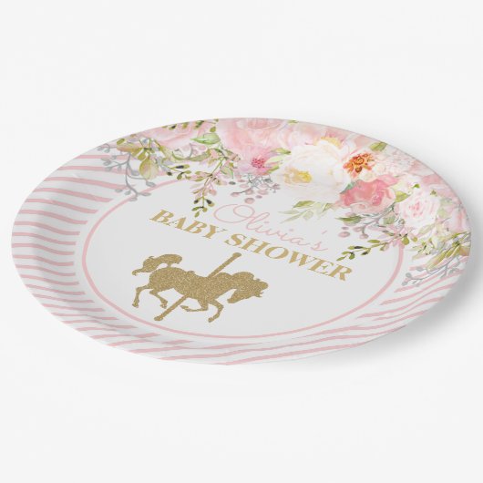 Floral Carousel Merry Go Round Baby Dusche Pappteller (Schrägansicht)