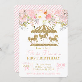 Floral Carousel Pink und Gold Girl Geburtstag Einladung