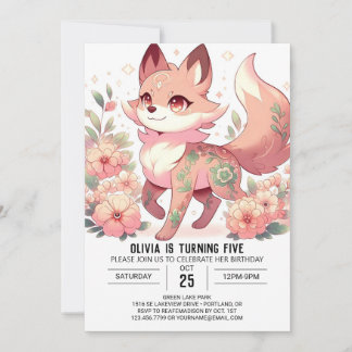 Floral Cartoon Wolf Digital Geburtstag Einladung