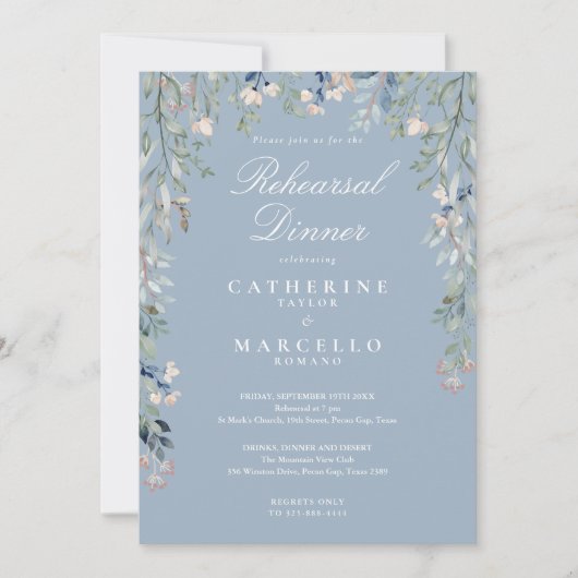Floral Cascade Dusty Blue Probe Dinner Einladung (Vorderseite)