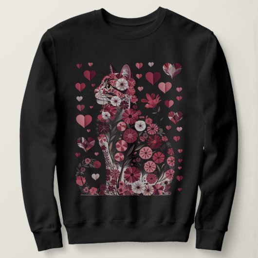 Floral Cat of Love – Romantic Pink Botanical Kitty Sweatshirt (Design vorne)
