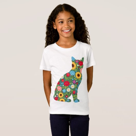 Floral Cat Silhouette Bloom Pattern T-Shirt (Vorne ganz)