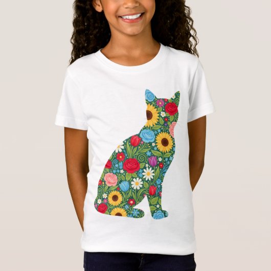 Floral Cat Silhouette Bloom Pattern T-Shirt (Vorderseite)