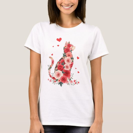 Floral Cat Silhouette Roses Hearts Love T-Shirt (Vorderseite)