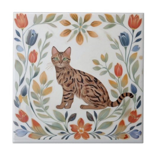 Floral Cats - Bengal Cat Colorful Folk Flowers Fliese (Vorderseite)