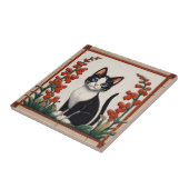 Floral Cats - Black & White Cat Red Flower Garden Fliese (Seite)