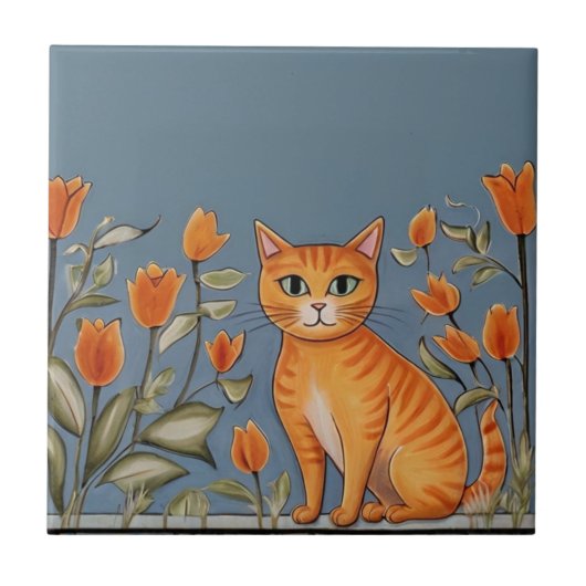 Floral Cats - Ginger Cat & Orange Flowers Cartoon Fliese (Vorderseite)