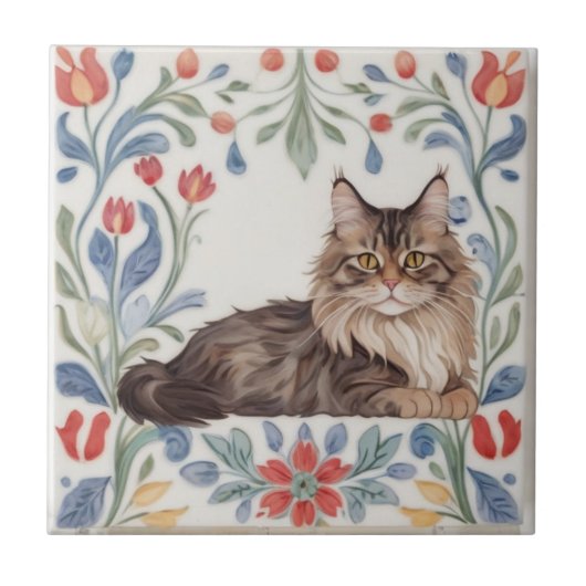 Floral Cats - MaineCoon Cat Colorful Folk Flowers Fliese (Vorderseite)