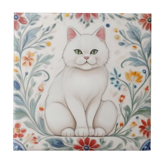 Floral Cats - White Cat Colorful Folk Flowers Fliese (Vorderseite)